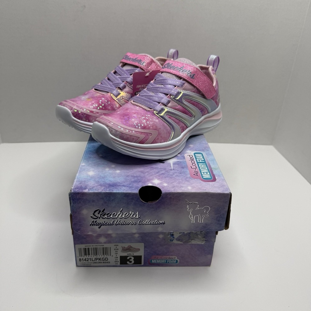 Skechers Double Dreams Unicorn Wishes Girls Size 3 Pink Gold Shoes 81421L NEW